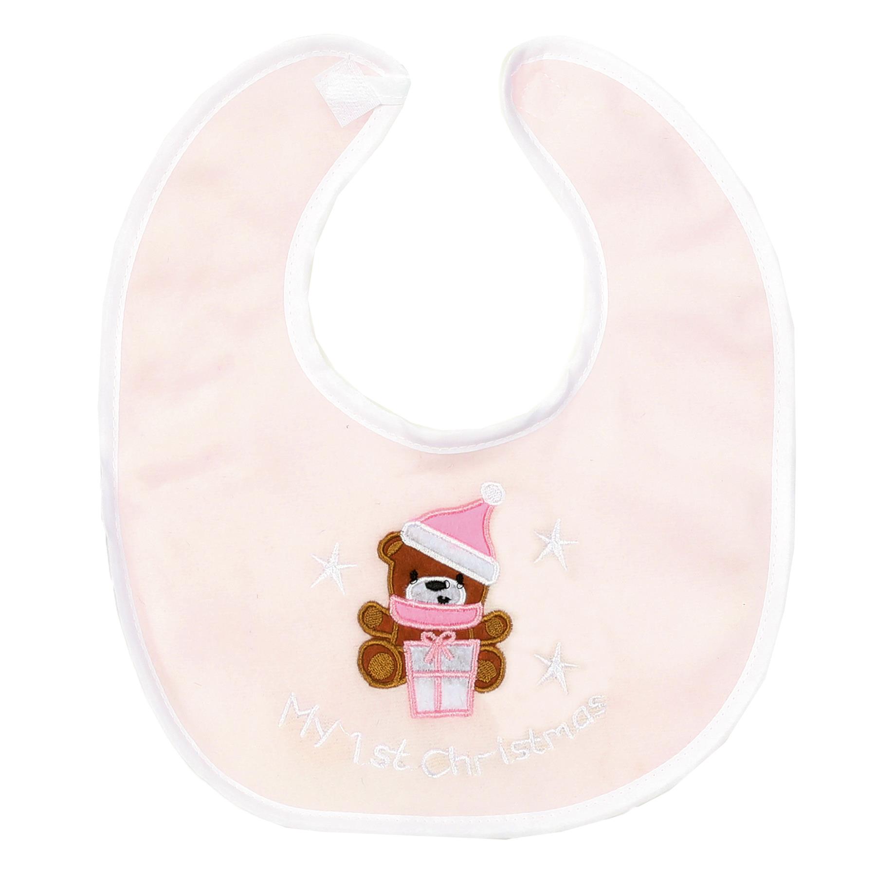 My 1st Christmas Baby Bib with Embroidered Bear and Stars - Pink