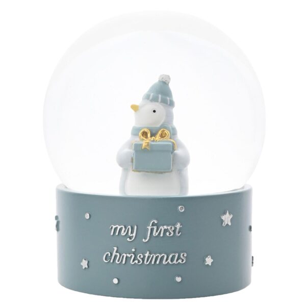 image489385469.jpg Christmas Snow Globe 'My First Christmas' Penguin Holding Gift by Bambino - Blue