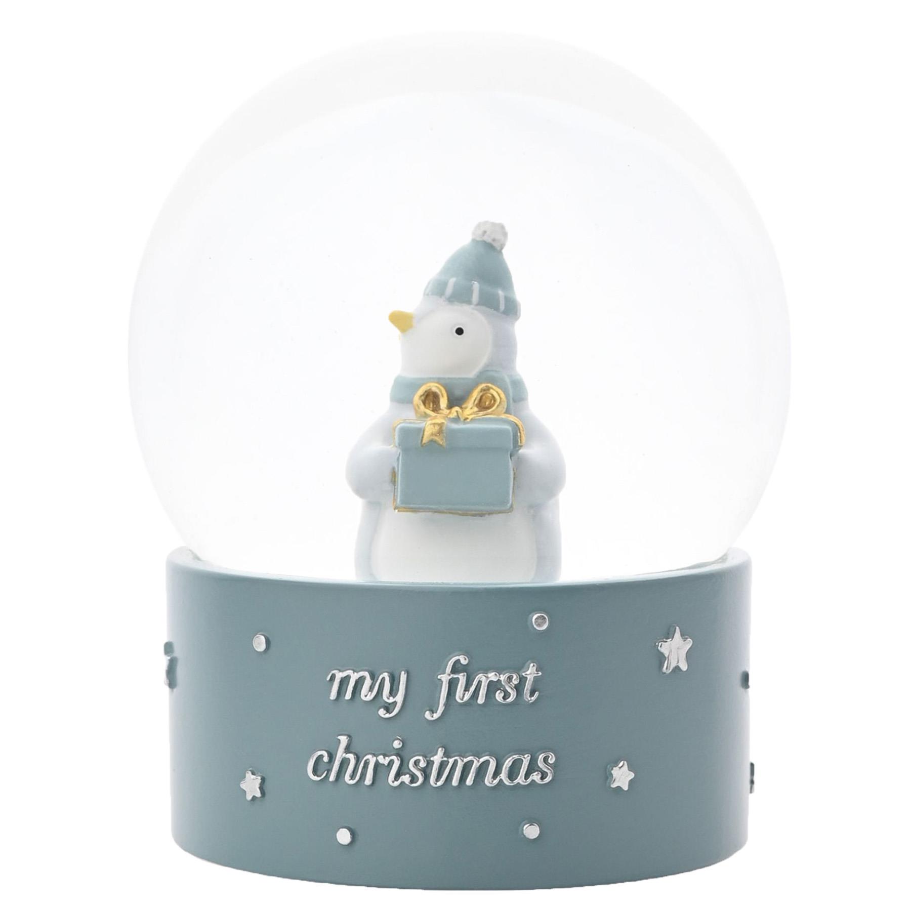 Christmas Snow Globe 'My First Christmas' Penguin Holding Gift by Bambino - Blue