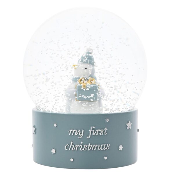 image489385471.jpg Christmas Snow Globe 'My First Christmas' Penguin Holding Gift by Bambino - Blue
