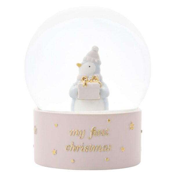 image489387209.jpg Christmas Snow Globe 'My First Christmas' Penguin Holding Gift by Bambino - Pink