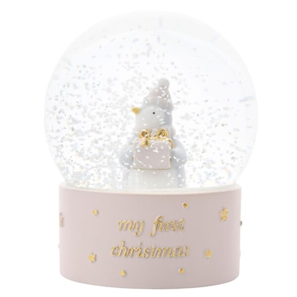 image489387213.jpg Christmas Snow Globe 'My First Christmas' Penguin Holding Gift by Bambino - Pink