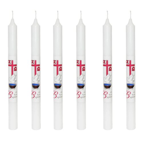 First Light Baptismal Candles Set of 6 White with Cross and Dove 25cm
