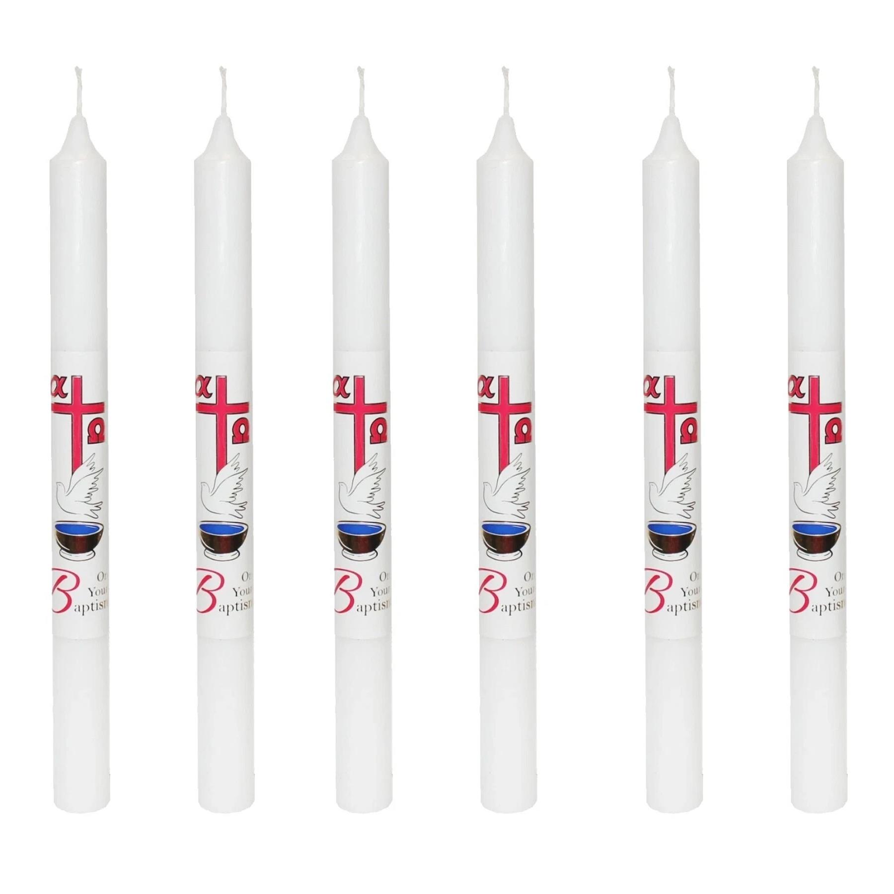 First Light Baptismal Candles Set of 6 White with Cross and Dove 25cm