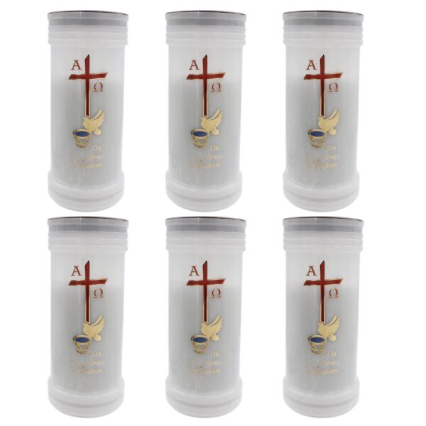 image489429258.jpg On Your Baptism First Light Baptismal Candles Set of 6 White with Image 72Hr Burn Time Each