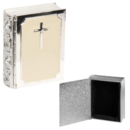 image489433904.jpg Bible Trinket Keepsake Box Silver Plated / Cream Epoxy Christening 1st Communion Gift