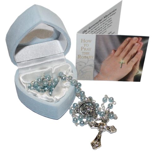 image489436334.jpg Christening Baptism Blue Rosary Beads With Heart Gift Box