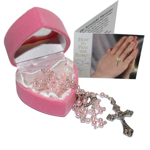 image489438425.jpg Christening Baptism Pink Rosary Beads With Heart Gift Box