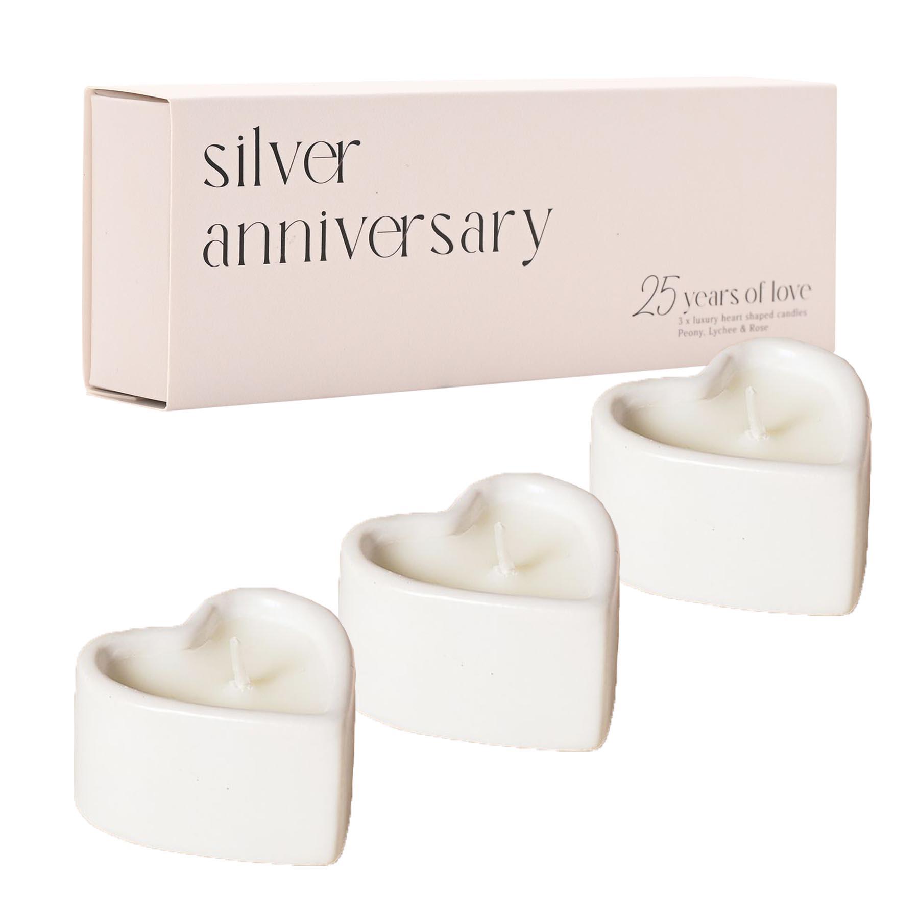 Silver Anniversary Scented Candles 3 Pack Heart Peony, Lychee and Rose Scent
