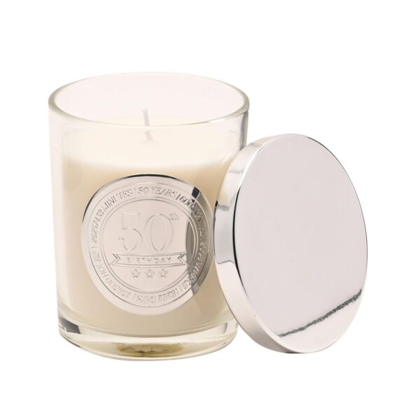 image490372651.jpg 50th Birthday Candle Sandalwood Scented in Glass Jar with Silver Detail 150g