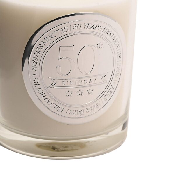 image490372653.jpg 50th Birthday Candle Sandalwood Scented in Glass Jar with Silver Detail 150g