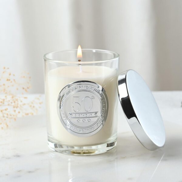 image490372655.jpg 50th Birthday Candle Sandalwood Scented in Glass Jar with Silver Detail 150g