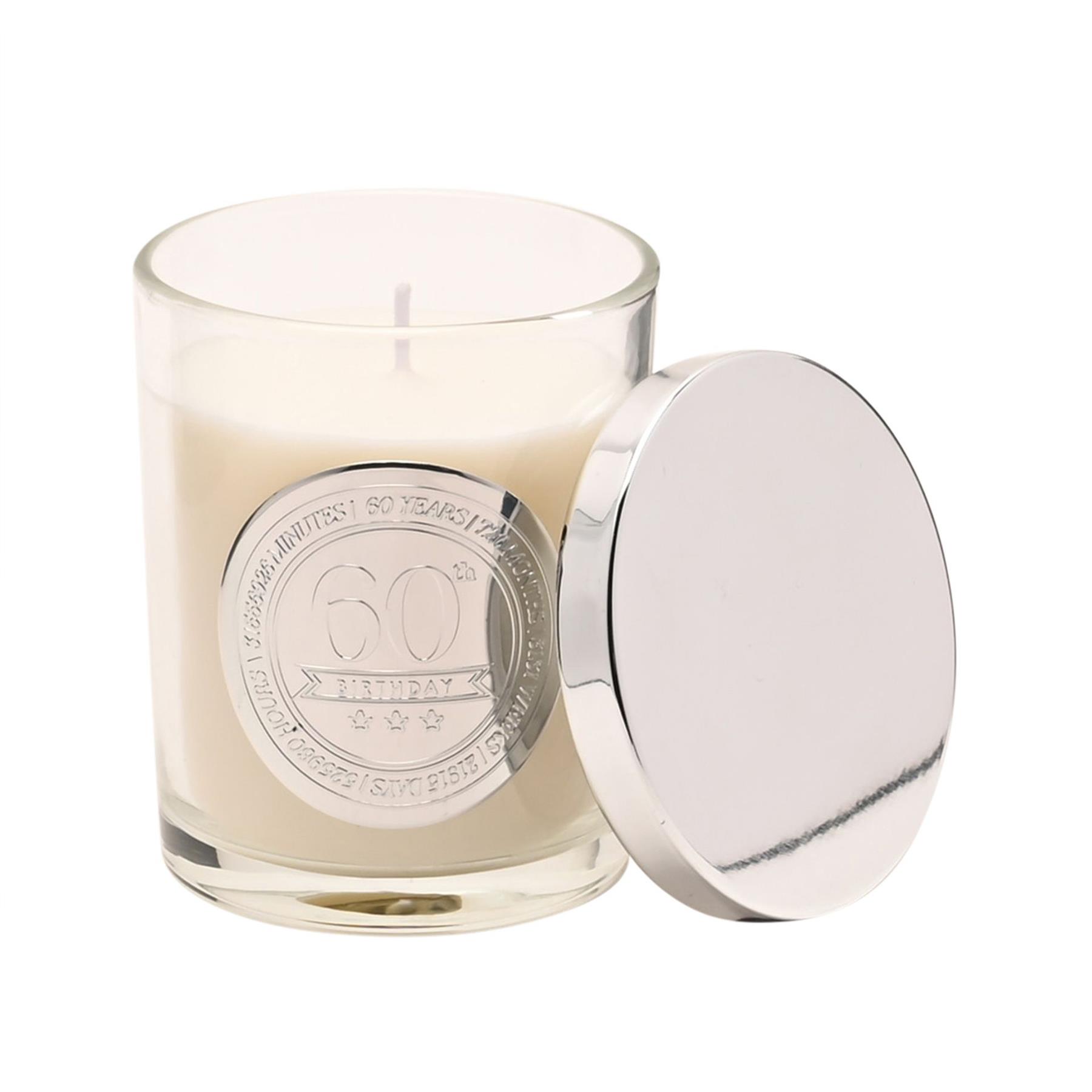 60th Birthday Candle Sandalwood Scented in Glass Jar with Silver Detail 150g