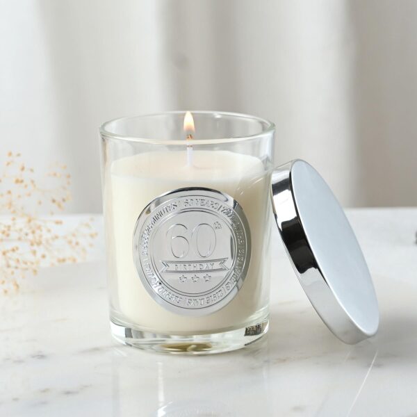 image490372687.jpg 60th Birthday Candle Sandalwood Scented in Glass Jar with Silver Detail 150g