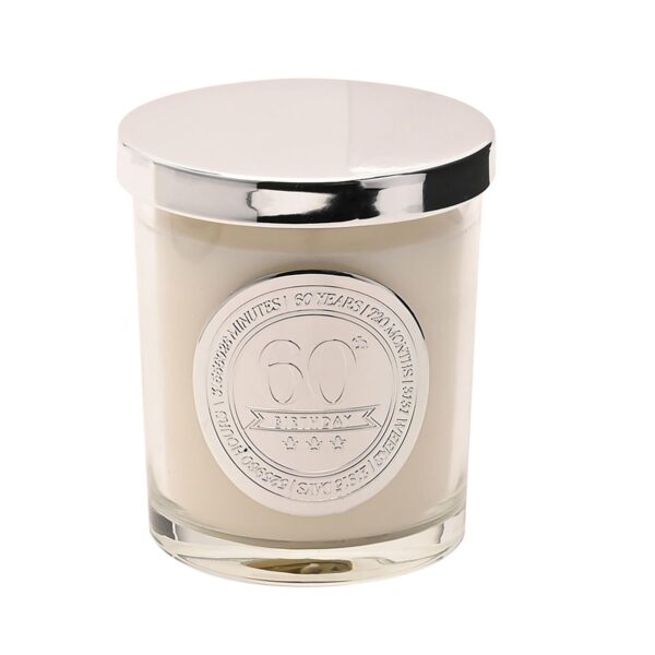 image490372689.jpg 60th Birthday Candle Sandalwood Scented in Glass Jar with Silver Detail 150g
