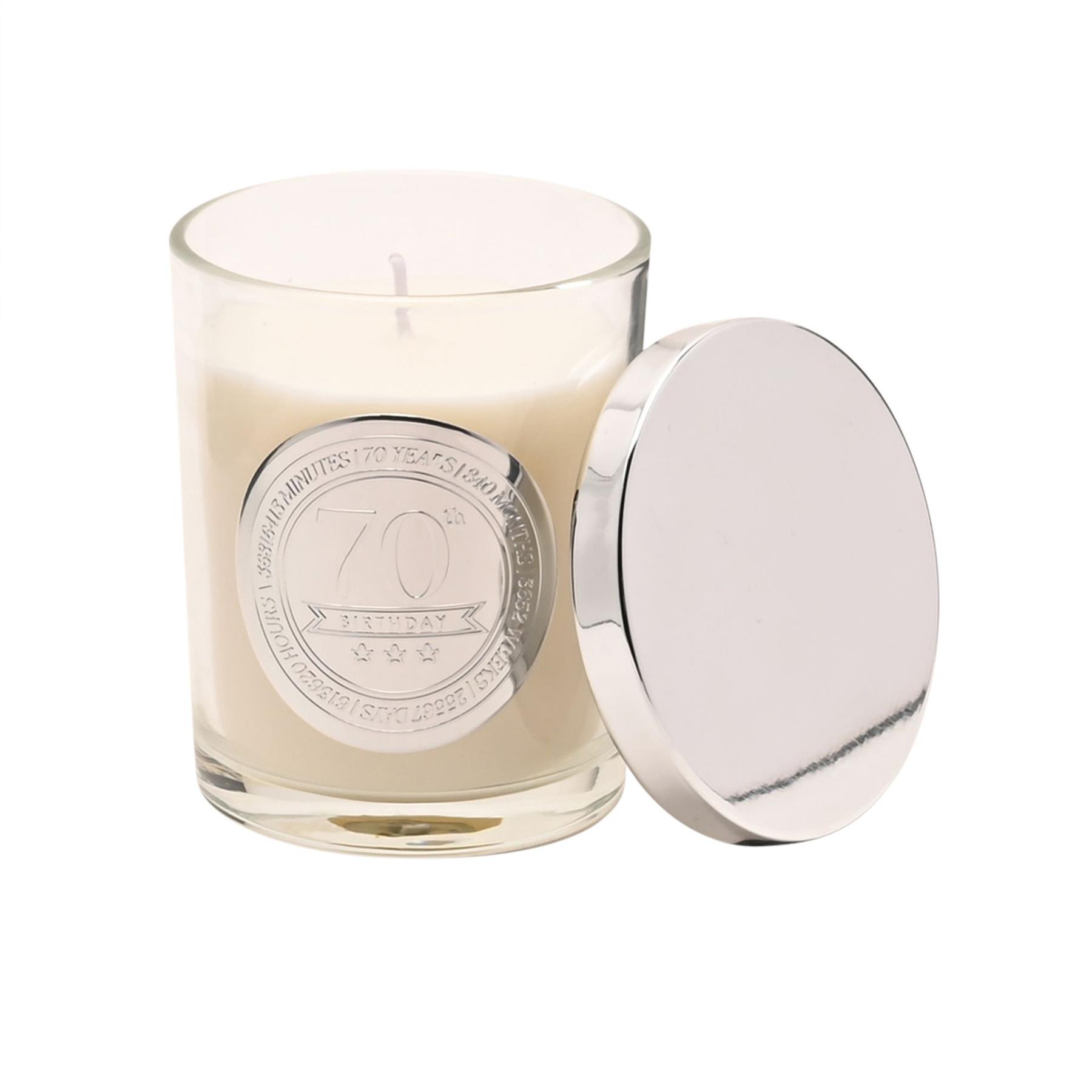 70th Birthday Candle Sandalwood Scented in Glass Jar with Silver Detail 150g