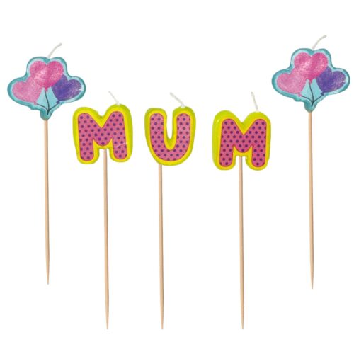 Cake Candle Set 'Mum' Birthday, Mother's Day 5 Pack Party Decoration