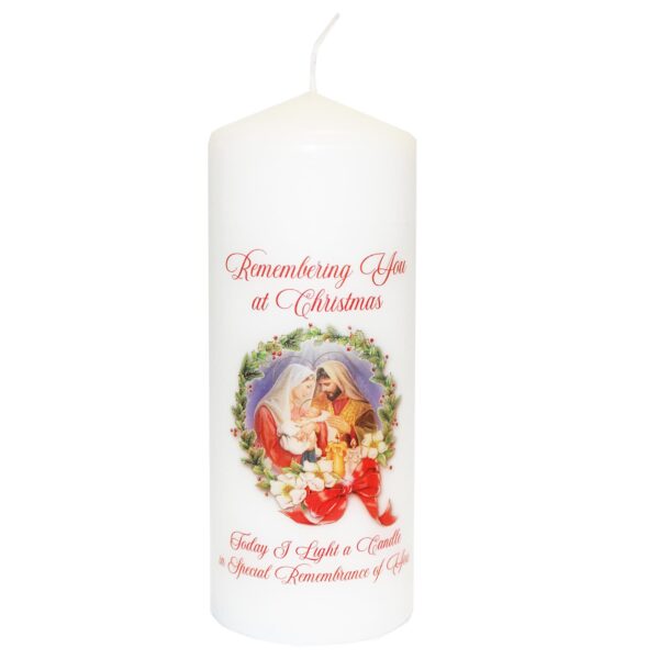 Christmas Memorial Pillar Candle Nativity Image and Red Wording 14cm