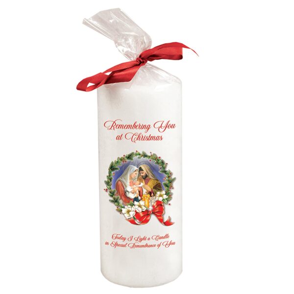 Christmas Memorial Pillar Candle Nativity Image and Red Wording 14cm