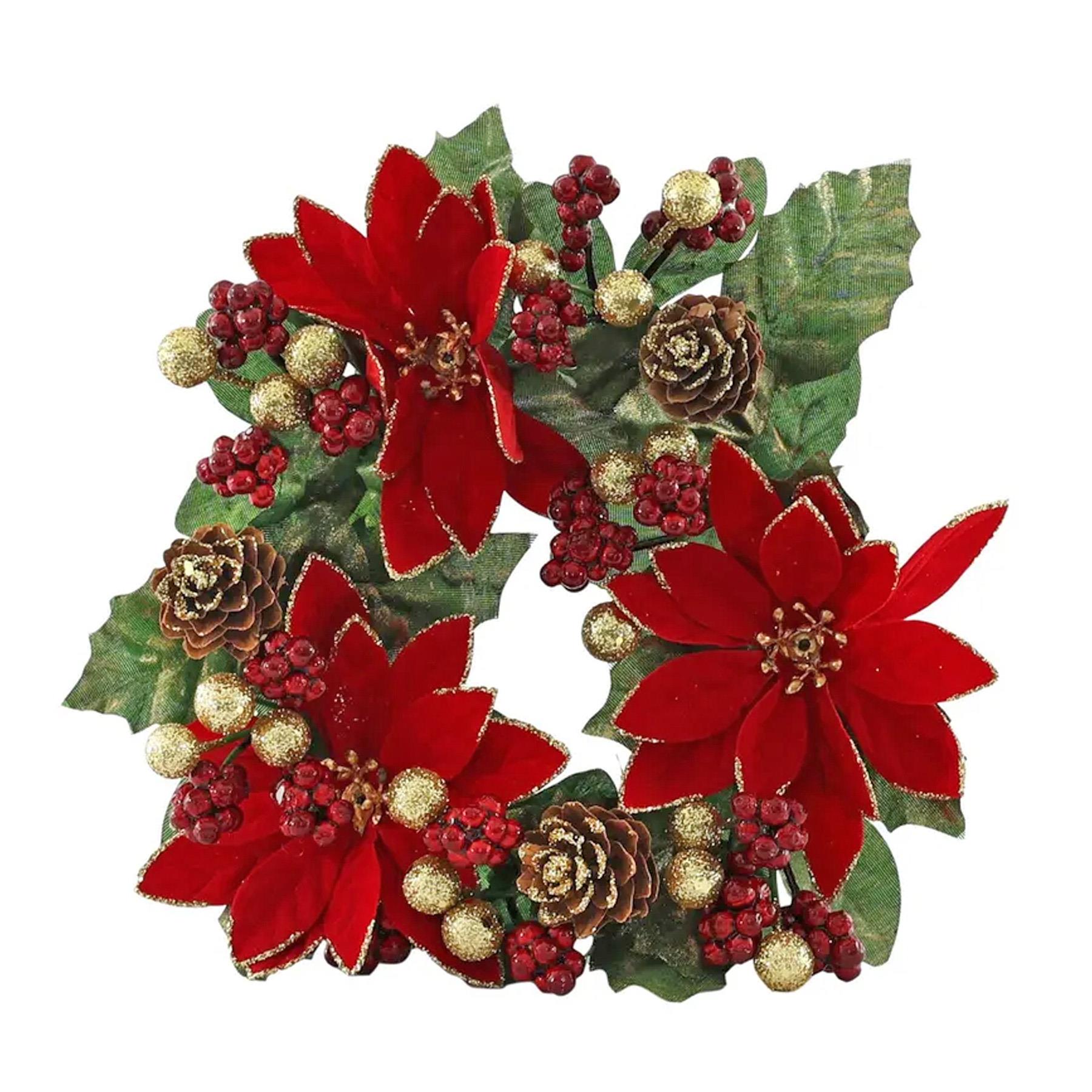 Christmas Poinsettia Candle Ring with Pine Cones and Glitter Berries 20cm