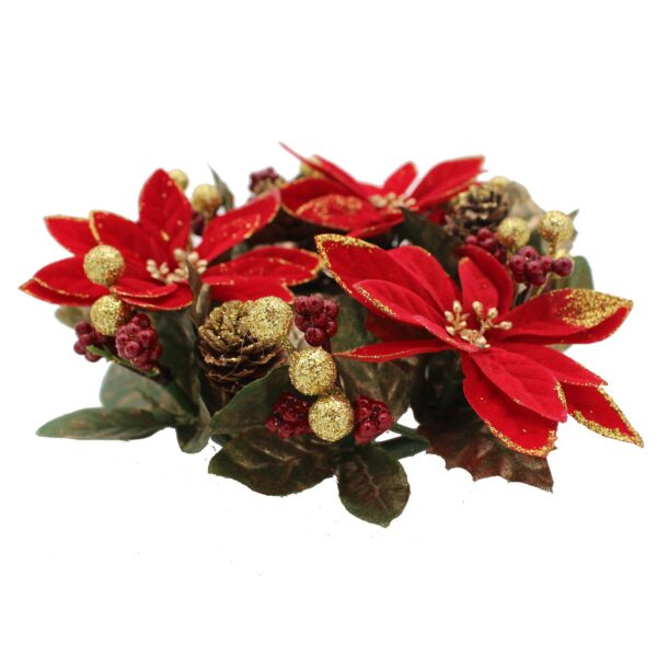 Christmas Poinsettia Candle Ring with Pine Cones and Glitter Berries 20cm