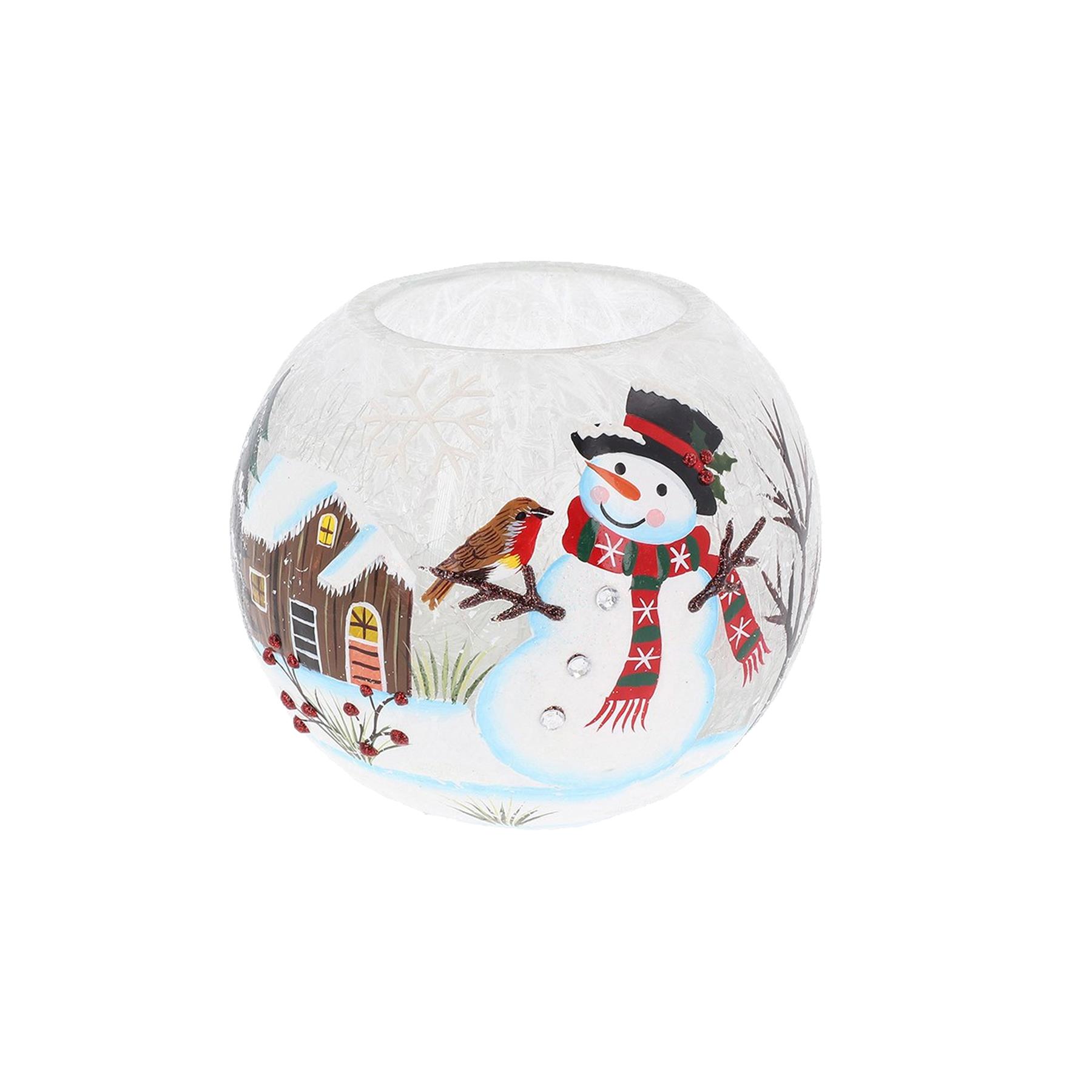 Christmas Tea Light Candle Holder Crackled Glass with Diamante Detail Snowman 9cm