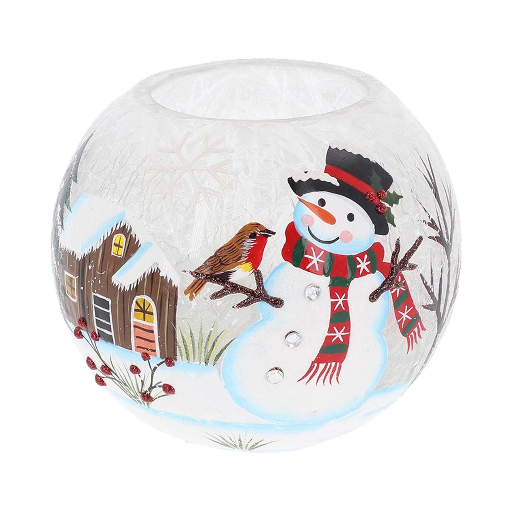 Christmas Tea Light Candle Holder Crackled Glass with Diamante Detail - Snowman 12cm