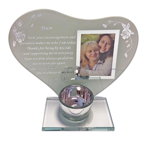 Glass Tea Light Candle Holder for Mum with Flowers and Wording