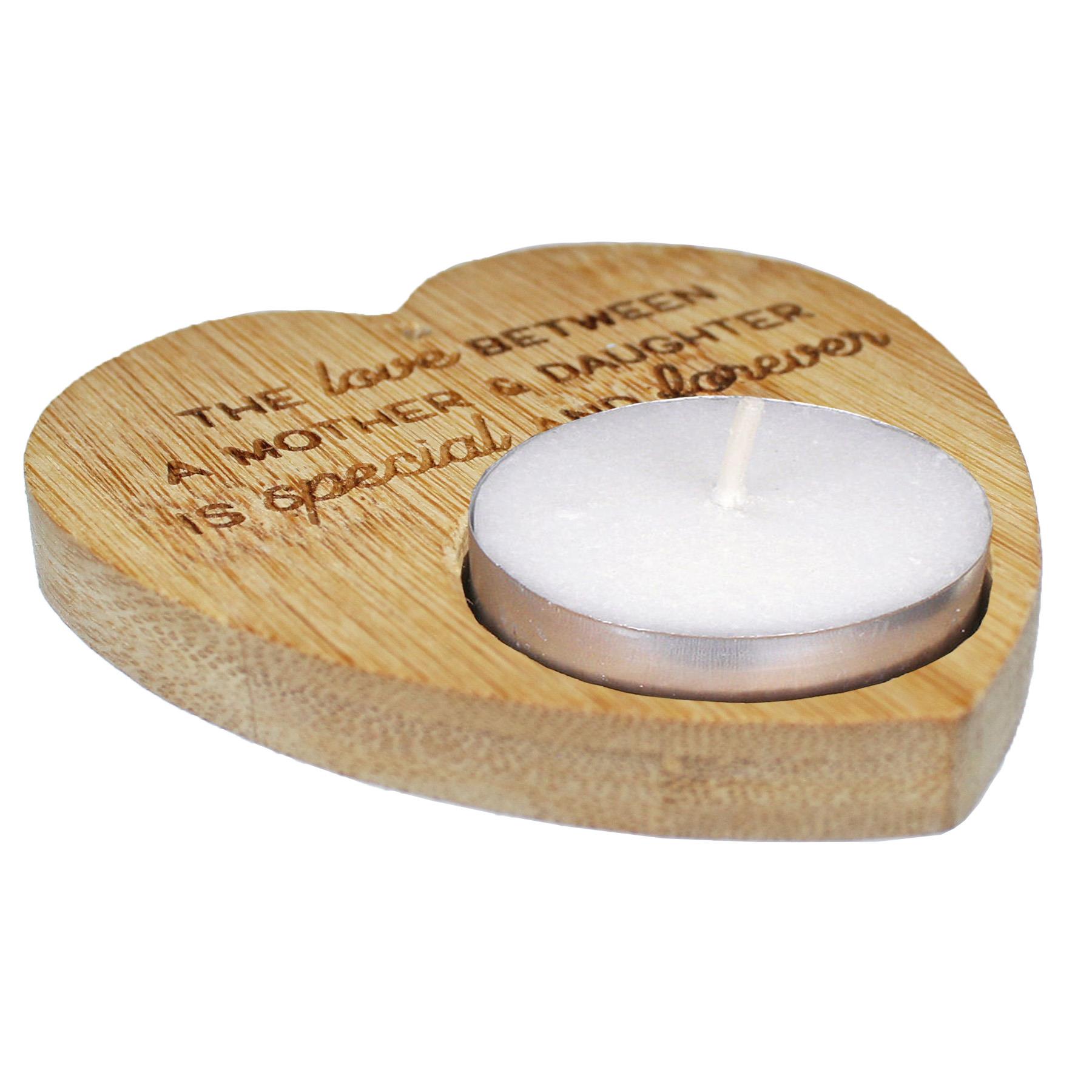 Heart Tealight Holder and 4 Tealights with Text Sustainable Bamboo - Mother and Daughter