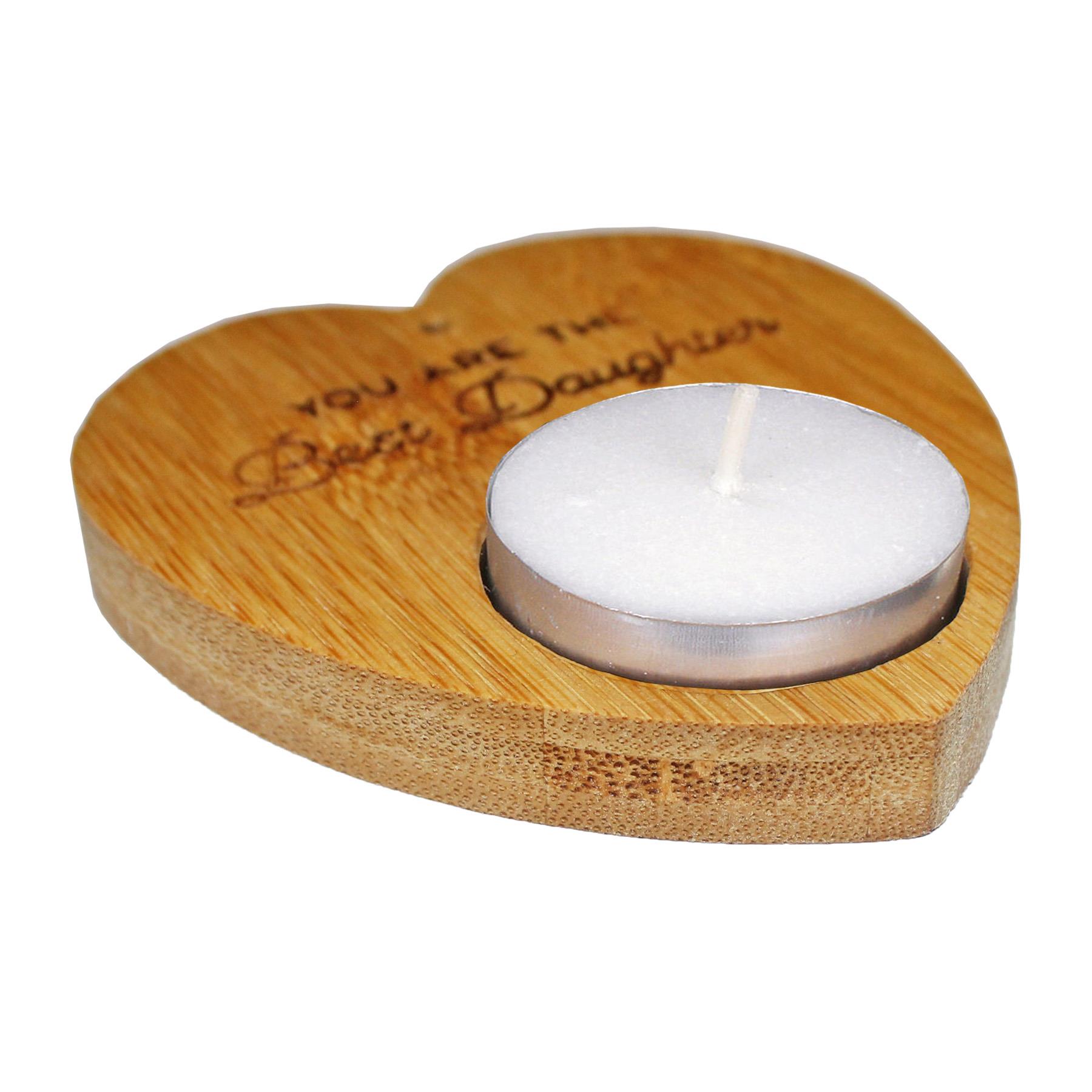 Heart Tealight Holder and 4 Tealights with Text Sustainable Bamboo - Best Daughter