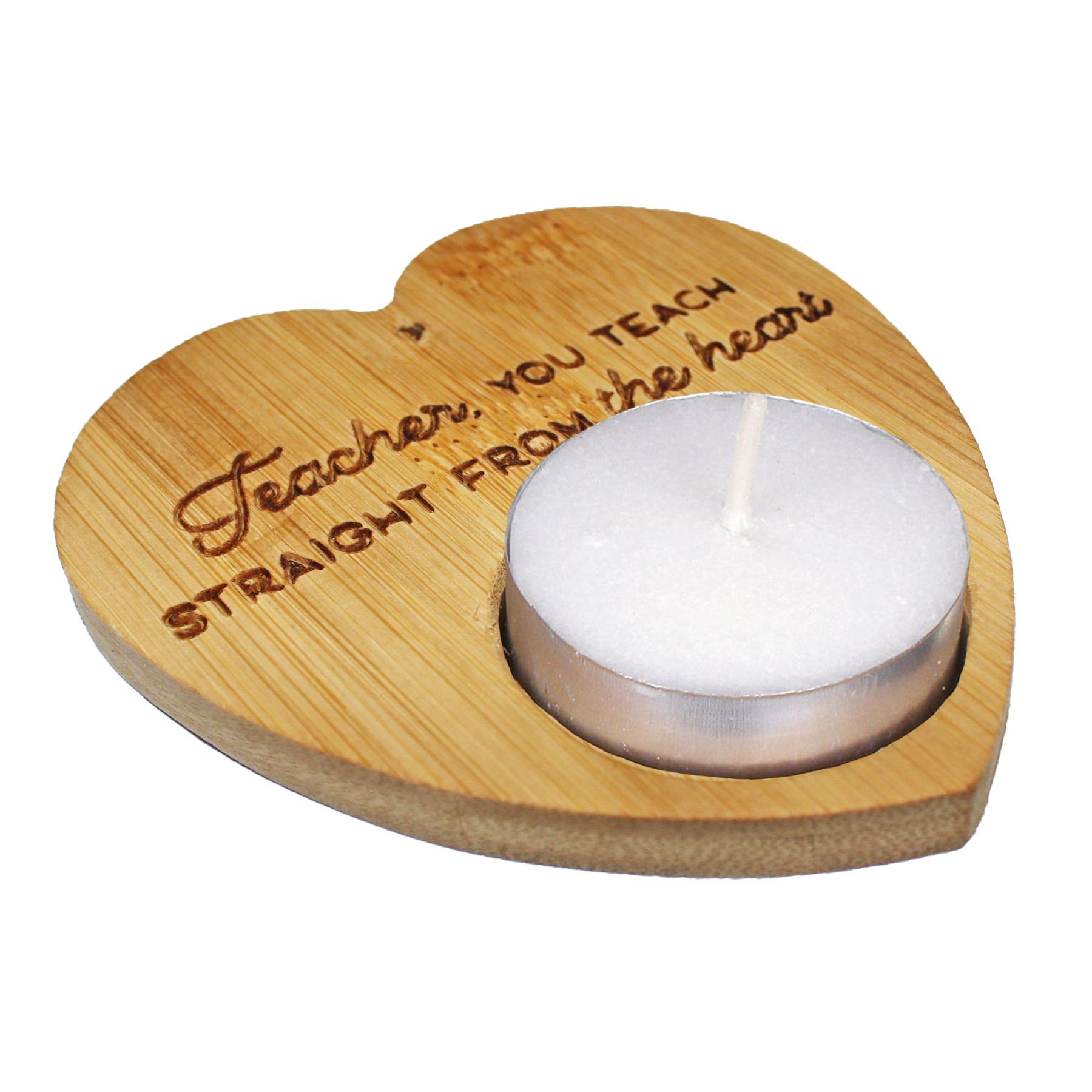 Heart Tealight Holder and 4 Tealights with Text Sustainable Bamboo - Teacher