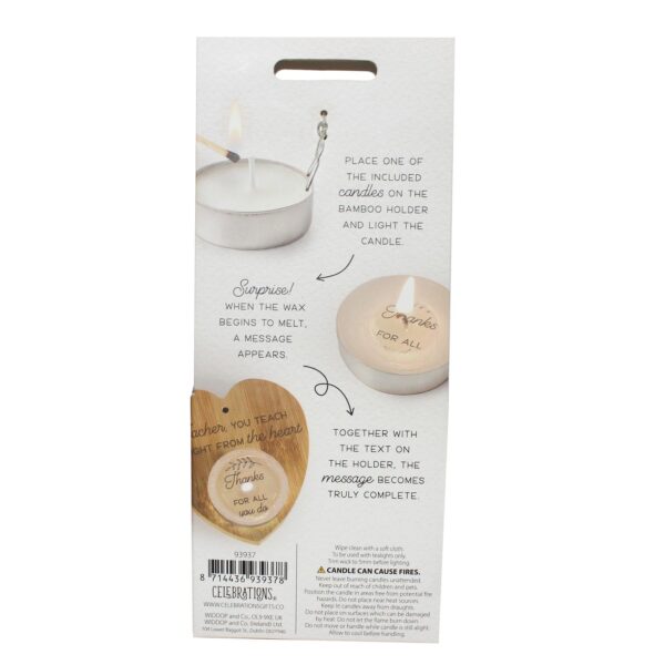 Heart Tealight Holder and 4 Tealights with Text Sustainable Bamboo - Teacher