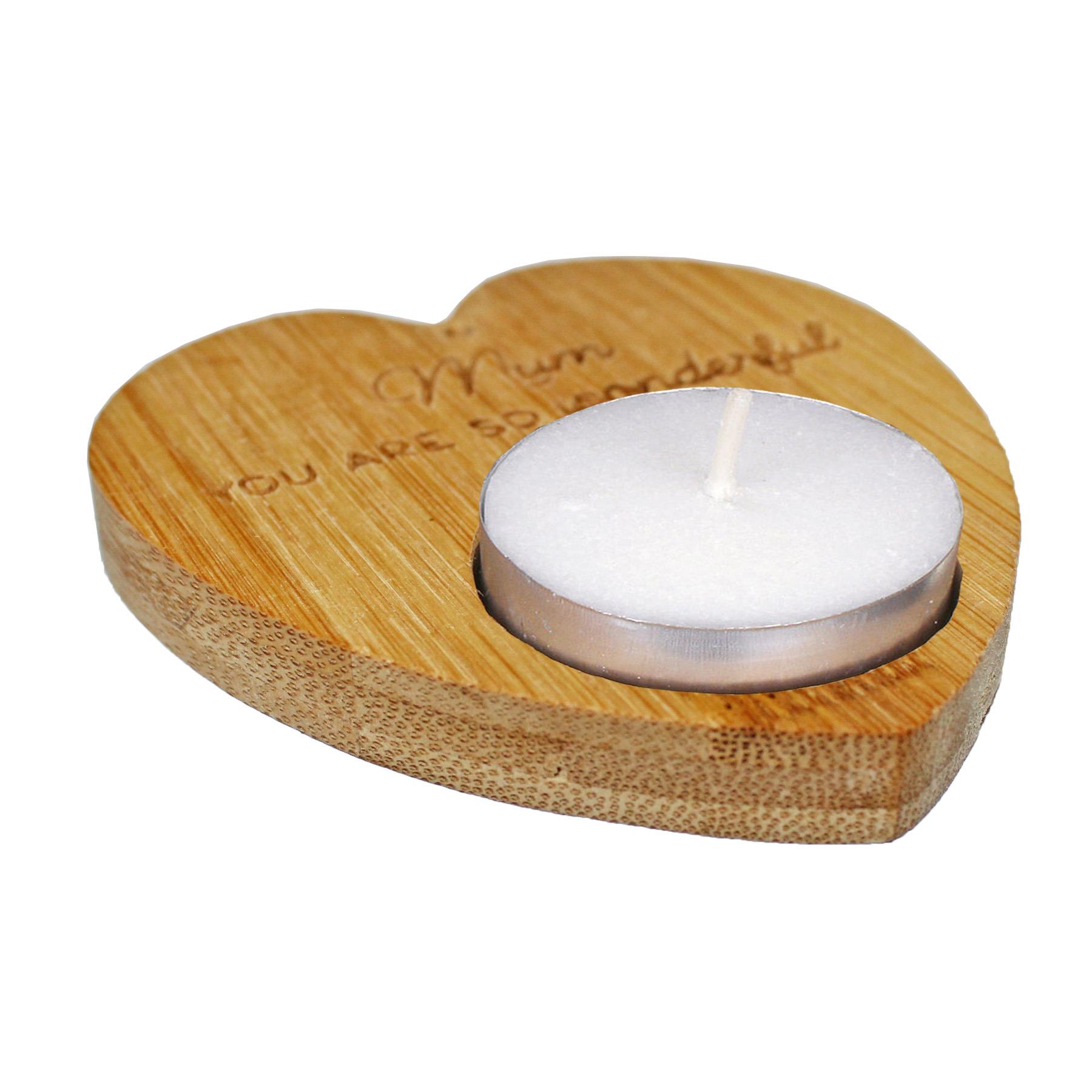 Heart Tealight Holder and 4 Tealights with Text Sustainable Bamboo - Mum