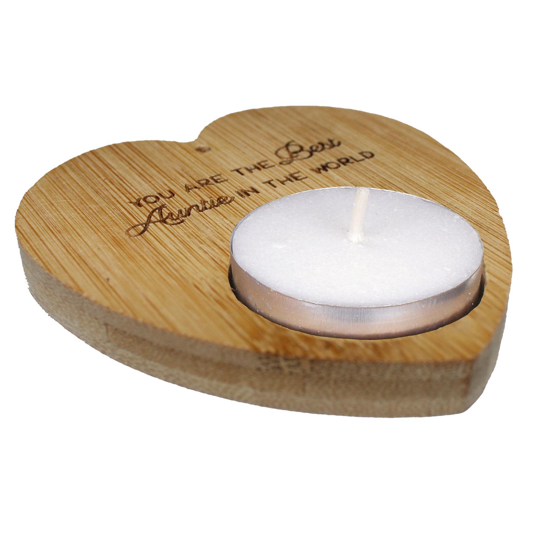 Heart Tealight Holder and 4 Tealights with Text Sustainable Bamboo - Best Auntie