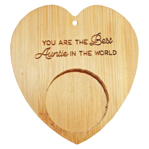 Heart Tealight Holder and 4 Tealights with Text Sustainable Bamboo - Best Auntie
