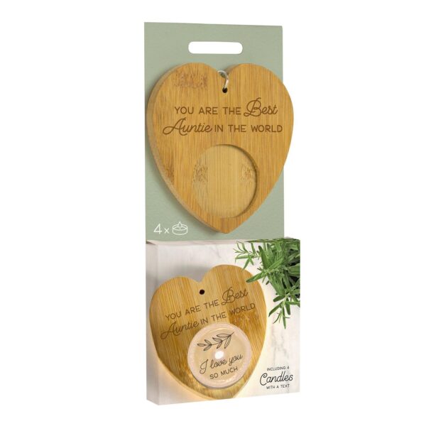 Heart Tealight Holder and 4 Tealights with Text Sustainable Bamboo - Best Auntie