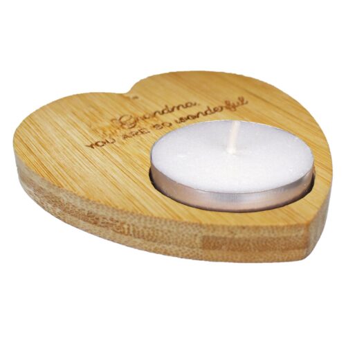 image490374913.jpg Heart Tealight Holder and 4 Tealights with Text Sustainable Bamboo - Grandma