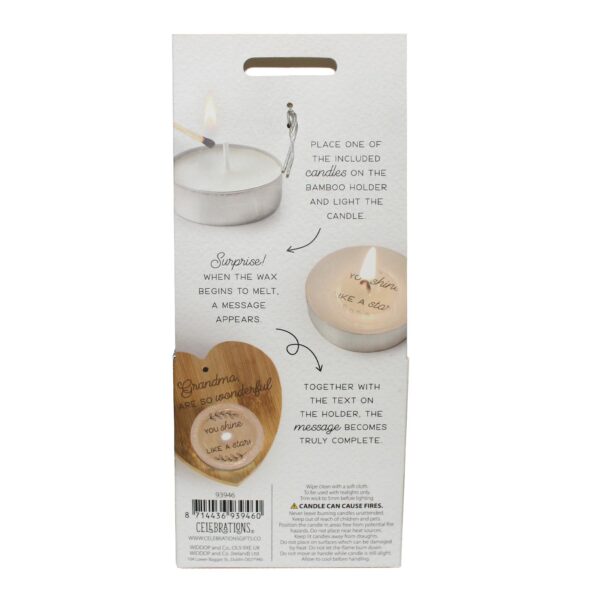 Heart Tealight Holder and 4 Tealights with Text Sustainable Bamboo - Grandma