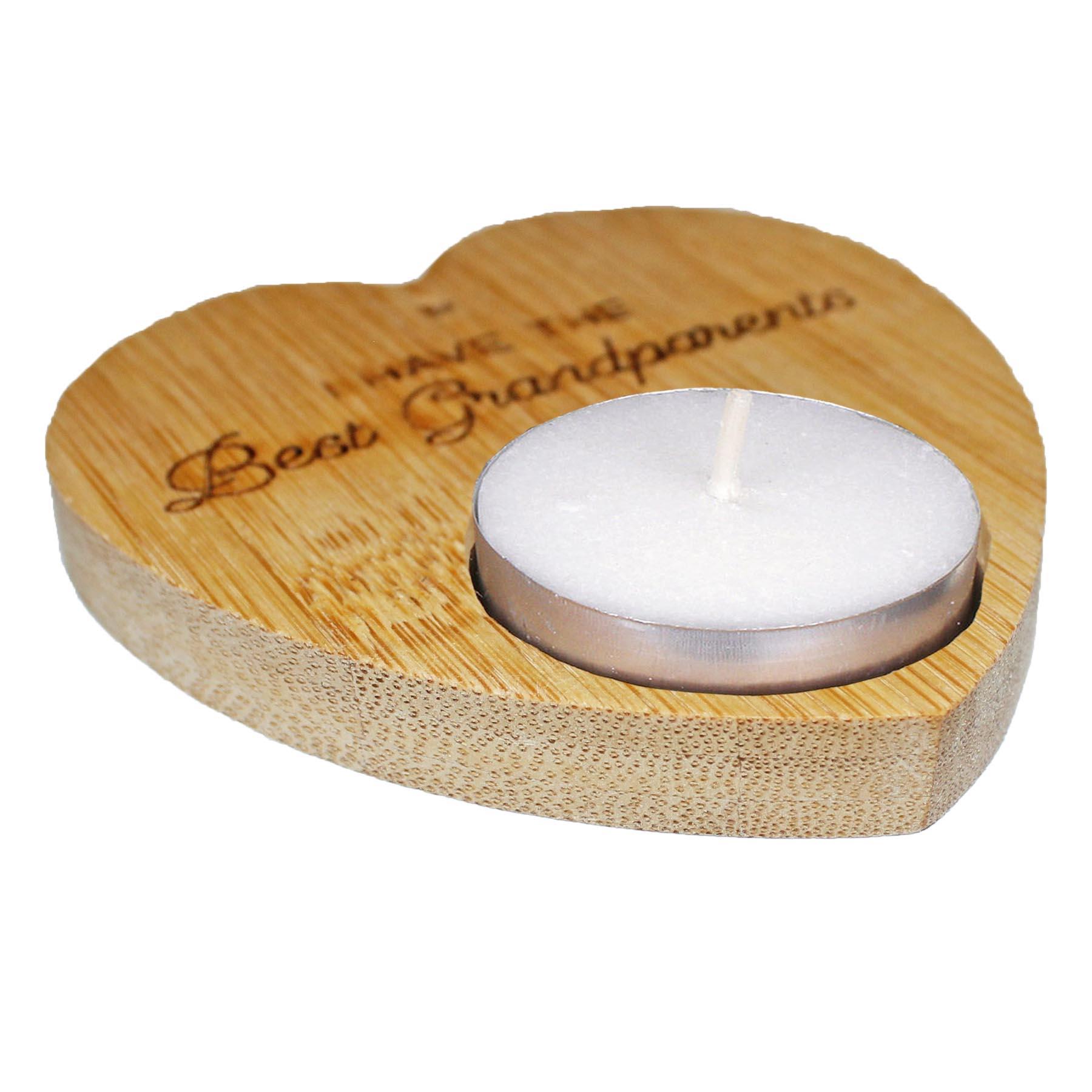 Heart Tealight Holder and 4 Tealights with Text Sustainable Bamboo - Grandparents