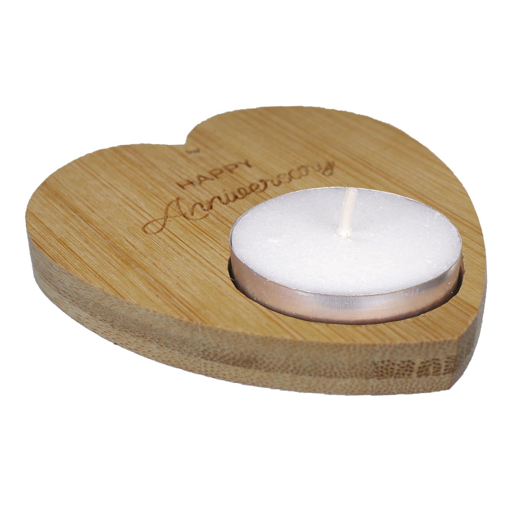 Heart Tealight Holder and 4 Tealights with Text Sustainable Bamboo - Happy Anniversary