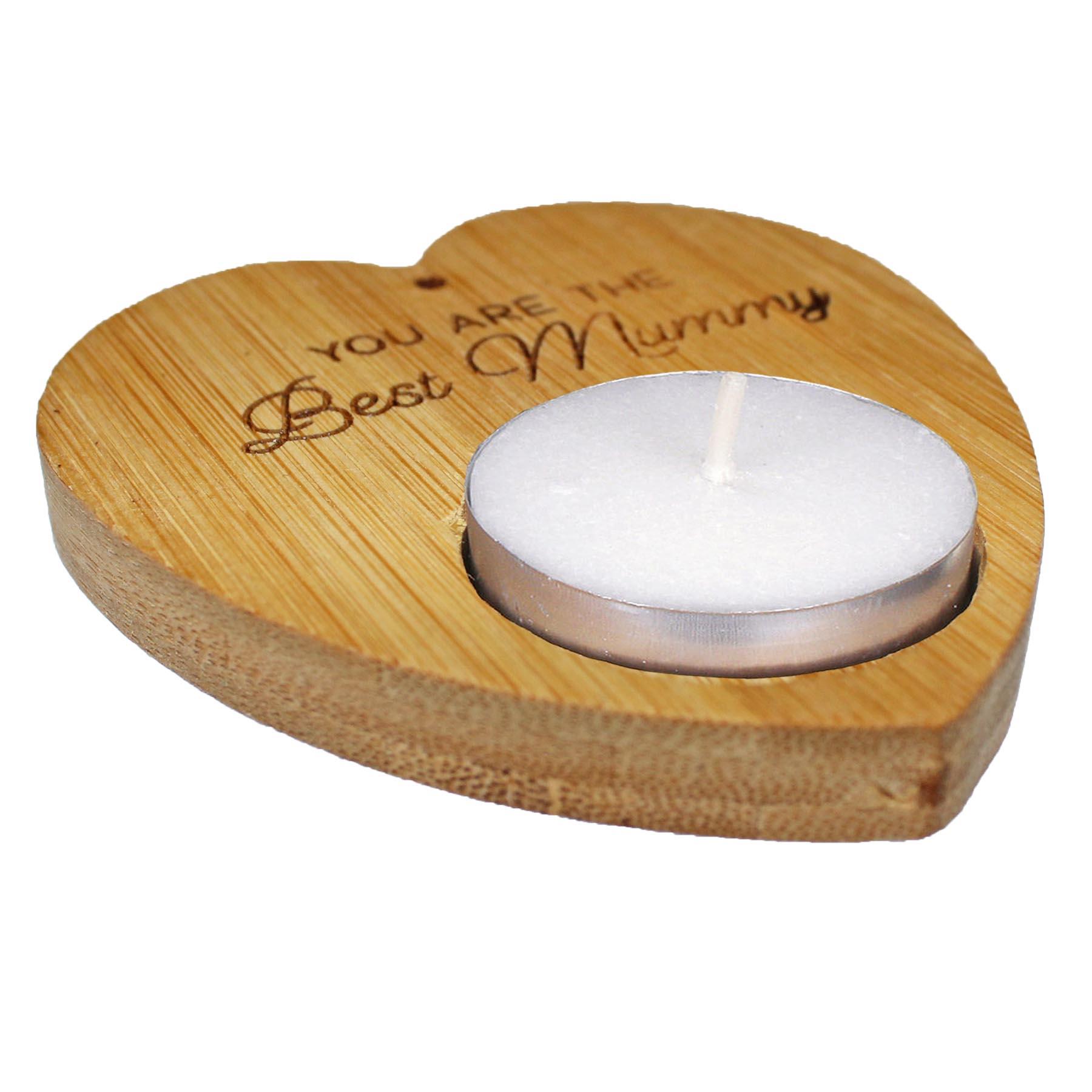 Heart Tealight Holder and 4 Tealights with Text Sustainable Bamboo - Mummy