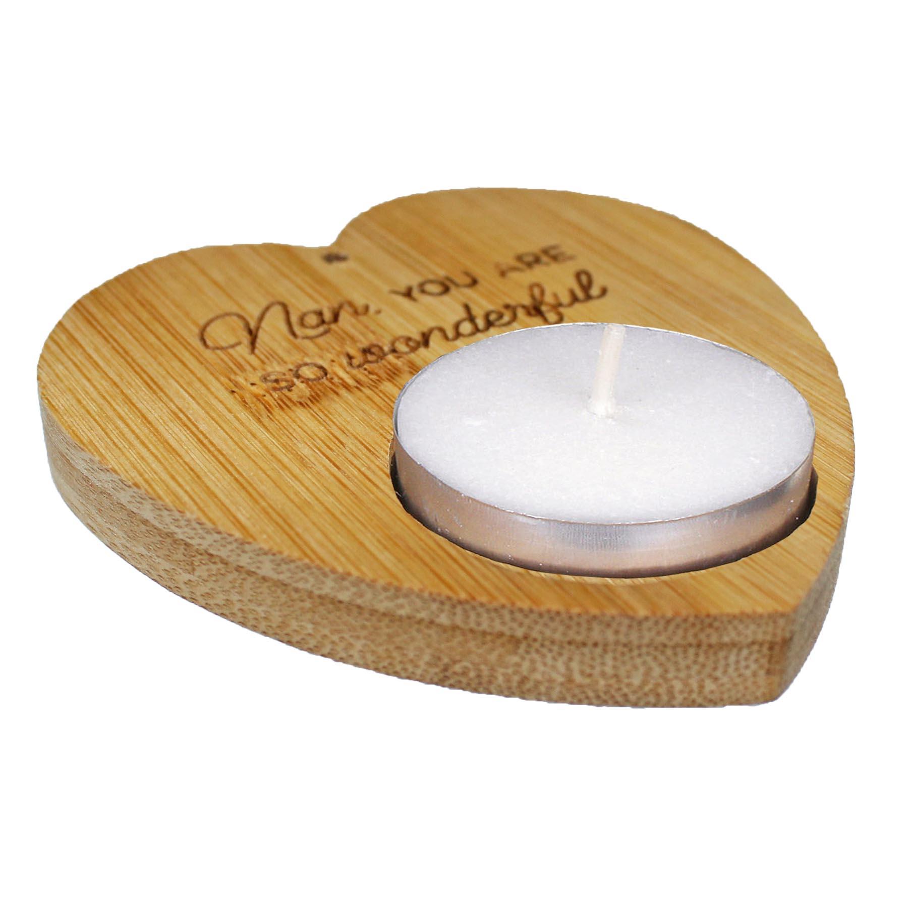 Heart Tealight Holder and 4 Tealights with Text Sustainable Bamboo - Nan