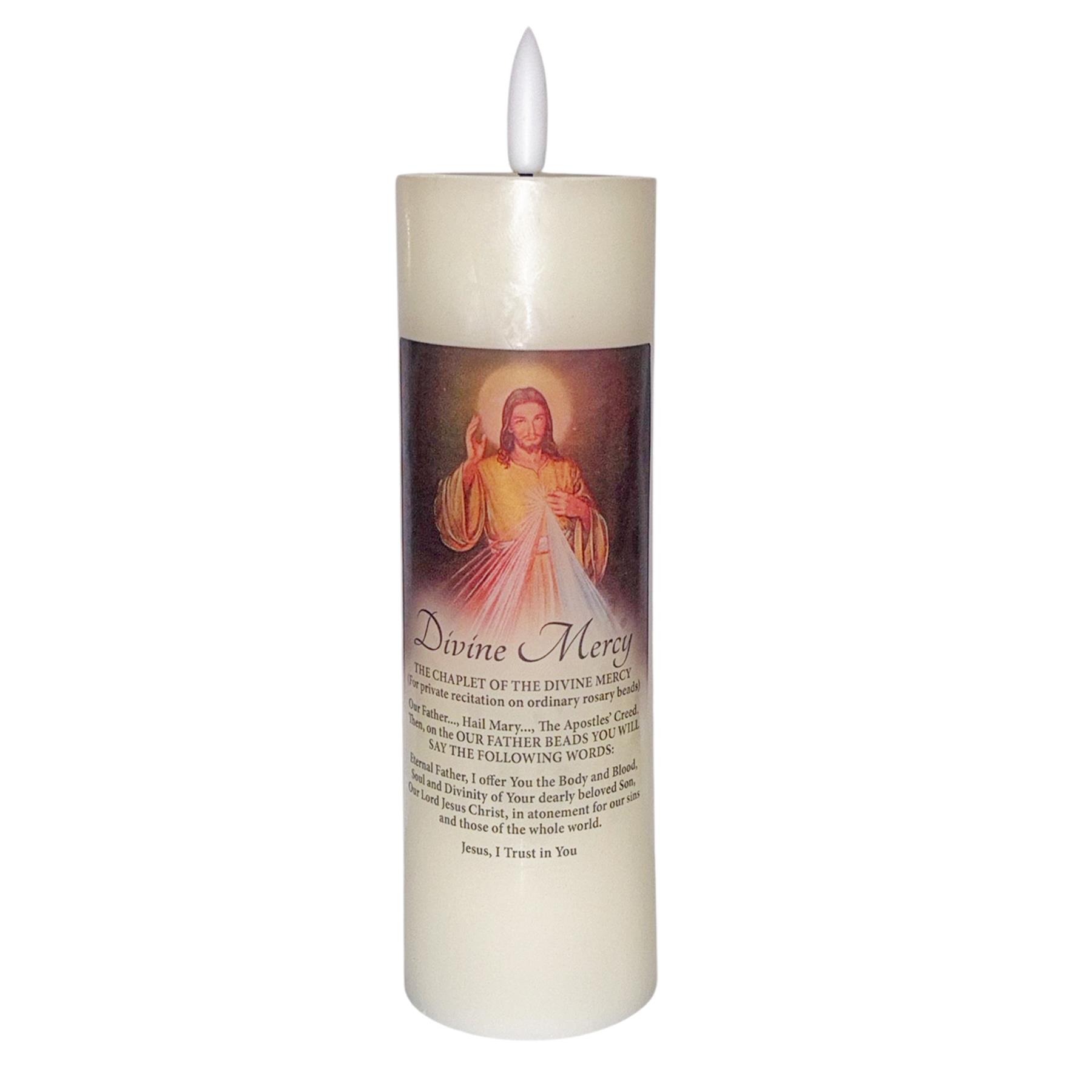 Religious LED Wax Candle with Flickering Flame and Timer Function 15cm Divine Mercy