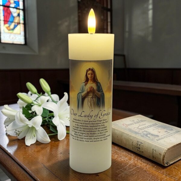 image490375089.jpg Religious LED Wax Candle with Flickering Flame and Timer Function 15cm Miraculous