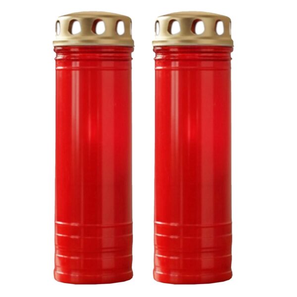 Pillar Candles Set of 2 in Red Holder with Windproof Caps 7 Day Burn Time Memorial Ornament