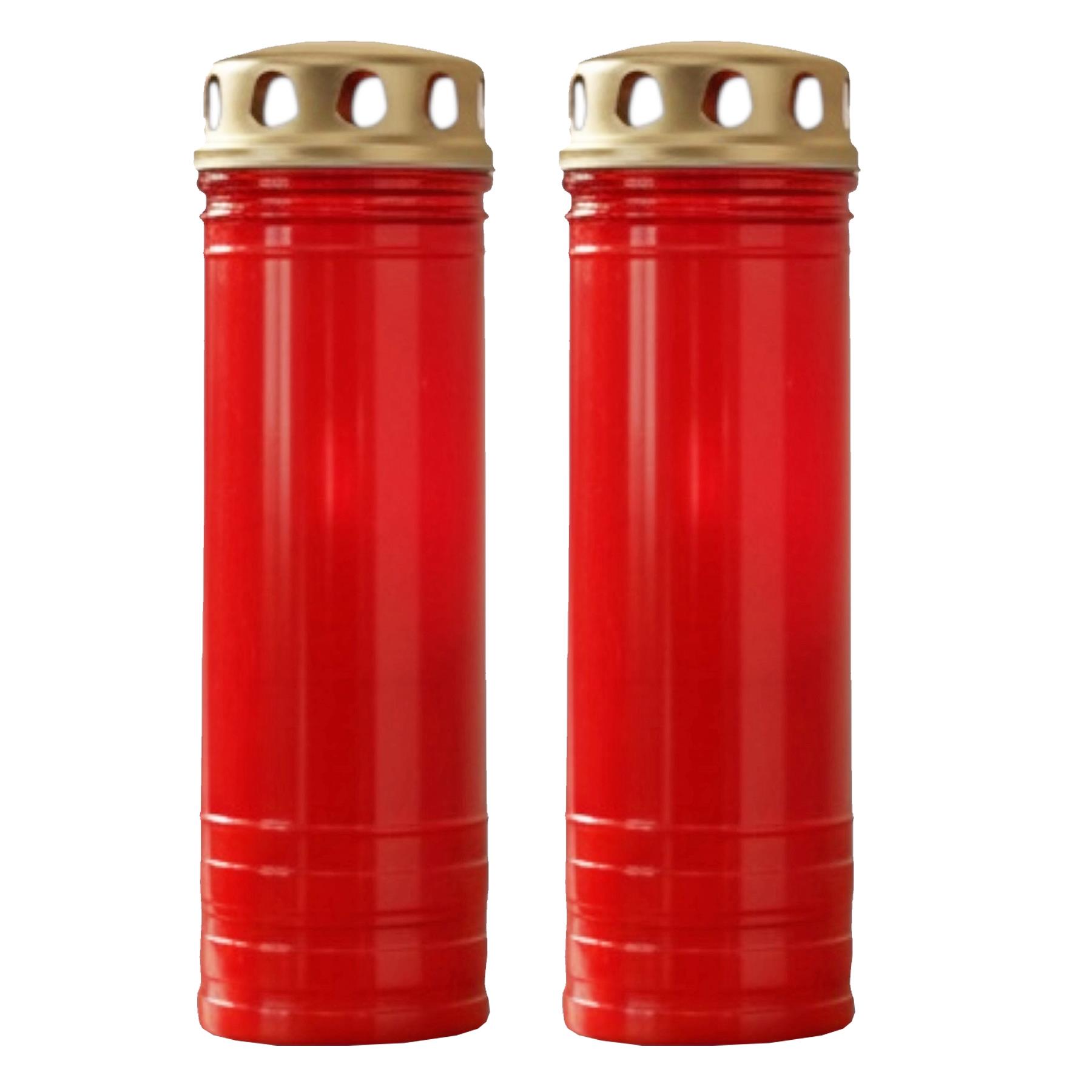 Pillar Candles Set of 2 in Red Holder with Windproof Caps 7 Day Burn Time Memorial Ornament