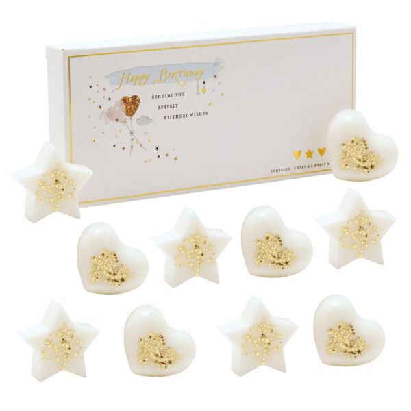image490594483.jpg Soy Wax Melts Vanilla / Tonka Scent 10 Pack Star and Heart Shape with Glitter - Happy Birthday