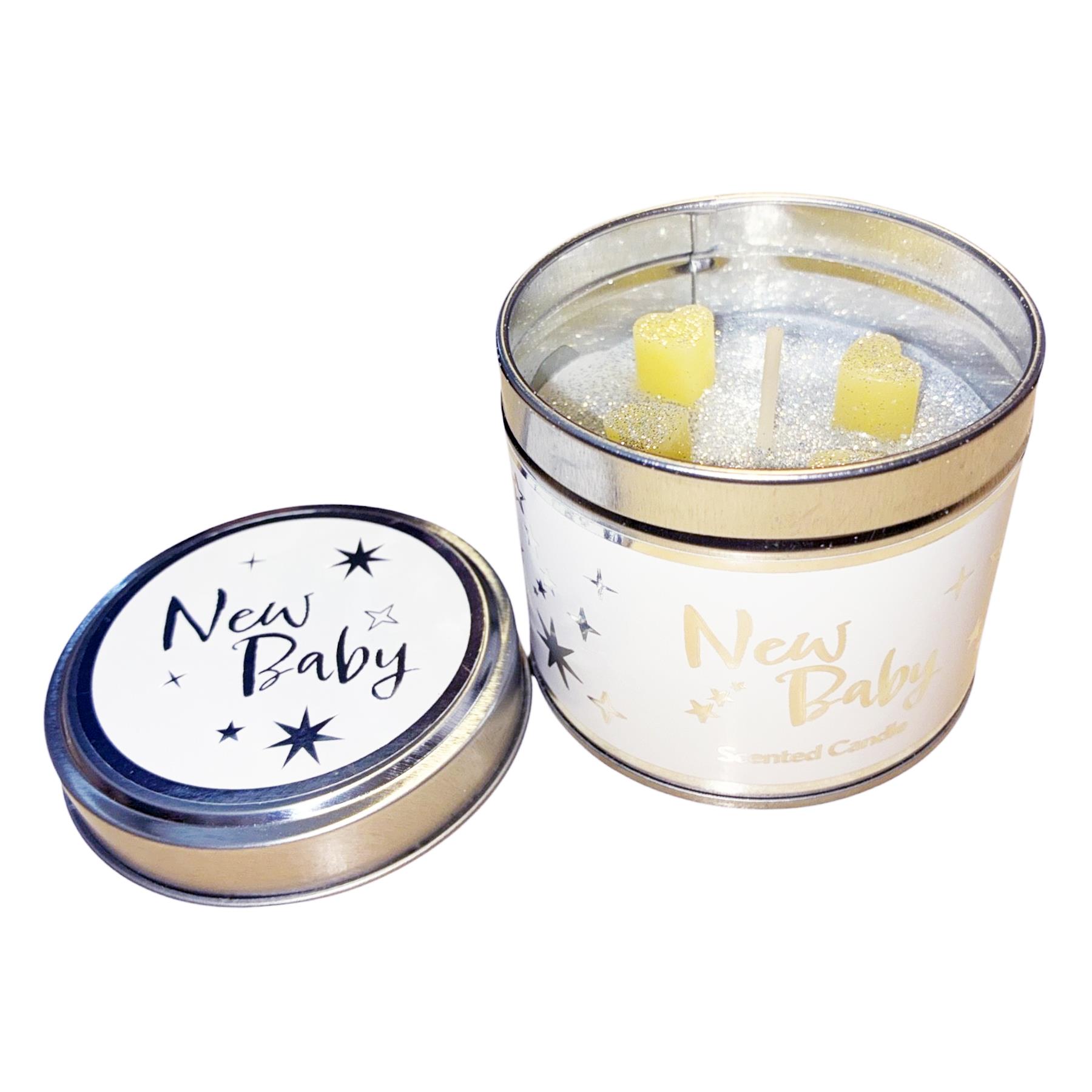 New Baby Scented Candle in Tin with Silver Detail Vanilla and Jasmine