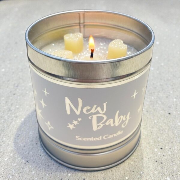 New Baby Scented Candle in Tin with Silver Detail Vanilla and Jasmine