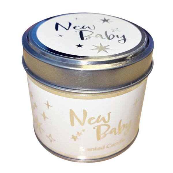 New Baby Scented Candle in Tin with Silver Detail Vanilla and Jasmine